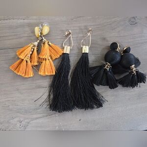 Boho Tassel Statement Earrings Bundle | Black & Mustard Fringe Earrings Set of 3